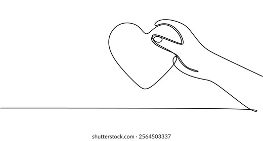 Hand offering a heart in continuous line drawing. Depicting love, kindness, and compassion. Vector illustration hand drawn.