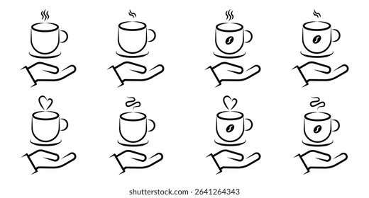 Hand Offering Hot Coffee and Tea Cups Line Art Icon Set. A comprehensive set of eight minimalist line art icons depicting hands offering or holding steaming hot beverage cups.