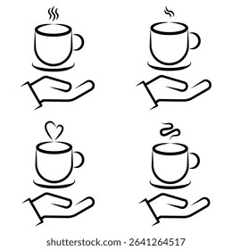 Hand Offering Hot Coffee and Tea Cups Line Art Icon Set. A comprehensive set of eight minimalist line art icons depicting hands offering or holding steaming hot beverage cups. vector illustration.