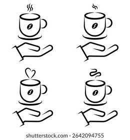 Hand Offering Hot Coffee and Tea Cups Line Art Icon Set. A comprehensive set of eight minimalist line art icons depicting hands offering or holding steaming hot beverage cups.