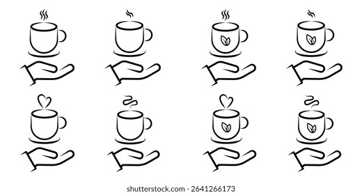 Hand Offering Hot Tea and Beverage Cups Line Art Icon Set. A comprehensive set of eight minimalist line art icons depicting hands offering or holding steaming hot beverage cups.
