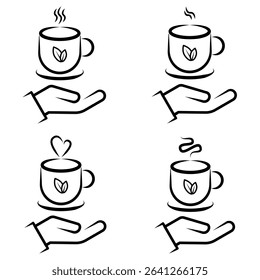 Hand Offering Hot Tea and Beverage Cups Line Art Icon Set. A comprehensive set of eight minimalist line art icons depicting hands offering or holding steaming hot beverage cups. vector illustration.