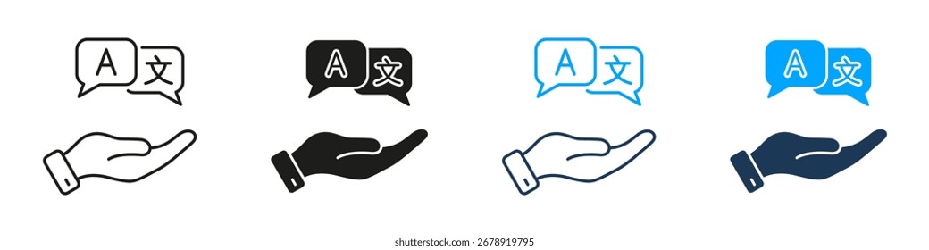 Hand Offering Language Translation Line And Solid Icon Set. Multilingual Communication And Translation Service Symbol Collection. Language Support And Global Interaction. Isolated Vector Illustration.