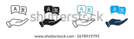 Hand Offering Language Translation Line And Solid Icon Set. Multilingual Communication And Translation Service Symbol Collection. Language Support And Global Interaction. Isolated Vector Illustration.