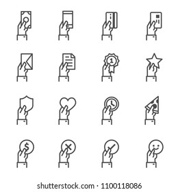 Hand Offering line icon set. Included the icons as give cash, credit card, mobile, document, smile, award, heart and more.
