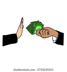 A hand offering money while another hand is raised in a gesture of refusal.