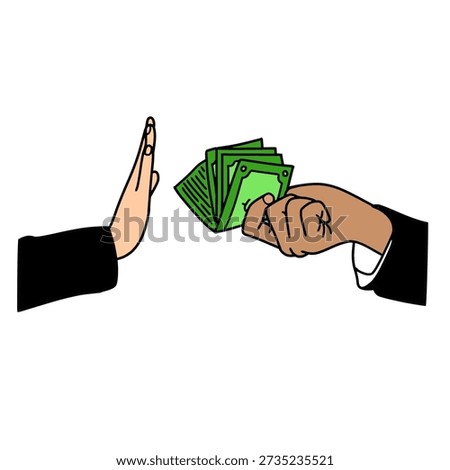 A hand offering money while another hand is raised in a gesture of refusal.