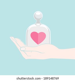 Hand offering a pink heart under a domed glass cover as a gift to a loved one for Valentines Day, wedding, anniversary or engagement symbolising love and commitment, illustration on blue