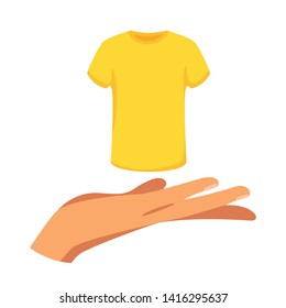 Hand offering t-shirt flat vector illustration. Designer presenting new tshirt model isolated clipart. Clothing shop. Men, women, unisex wear buying. Fashion item, clothes donation for charity