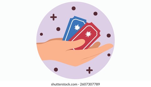 hand offering two event tickets one blue and one red