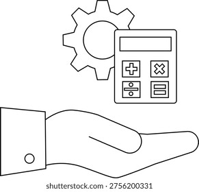 A hand offers a calculator and gear icon suggesting technical or financial problemsolving