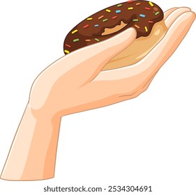 A hand offers a donut with colorful sprinkles