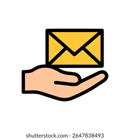 Hand offers golden envelope carefully. Icon symbol illustration