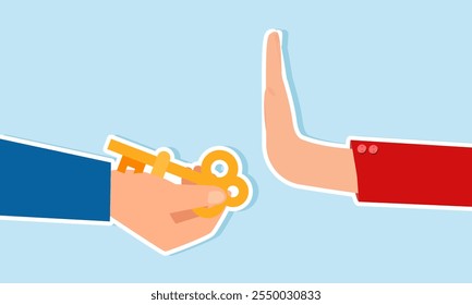 A hand offers a key and is rejected by another hand, illustration of rejecting a business solution from a partner