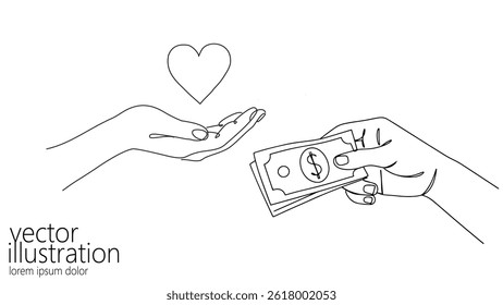 Hand offers money and heart symbol. Ideal charity donation investment concept or life balance working live. Minimalist line drawing white background vector illustration
