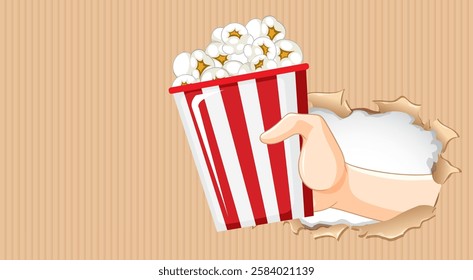 A hand offers popcorn through a torn paper