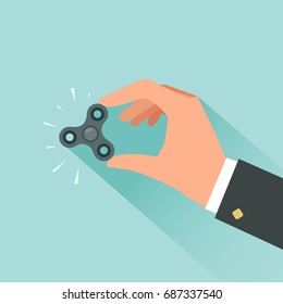 Hand of office worker with spinner gadget. Student play with spinner. Relax concept. Workout time. Prostration and Procrastination concept. Vector flat design colorful illustration.