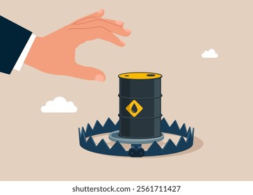 Hand and oil barrel above metal steel bear trap. Crude expensive oil theft. Growth rise of oil stock prices and growth of extraction concept. Flat vector illustration