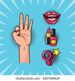 hand ok gesture mouth gender lips nail polish girl power pop art vector illustration