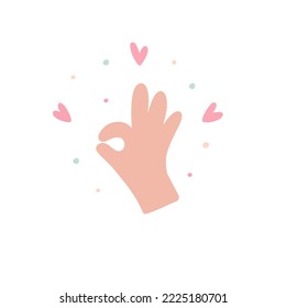 Hand ok gesture sign with decor of hearts and confetti around. Gesturing communication language design. Vector illustration of agreement concept.  