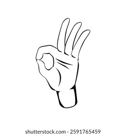 A hand with OK gesture sign. isolated on white background. sketch Line illustration