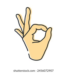 Hand with OK gesture sign. Line icon isolated on blue background. Hand drawn vector illustration