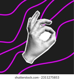 Hand with ok gesture in trendy halftone style on gray background and doodles. Palm collage, funky pop art poster, stylish illustration.