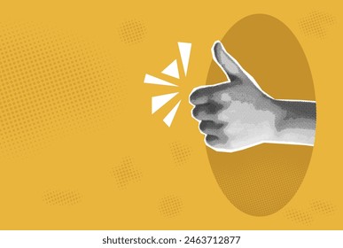 hand with ok, like gesture, collage in trendy pop art magazine halftone style, women's fist, orange background 