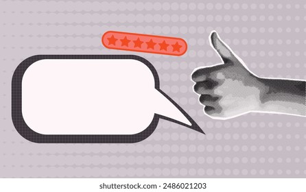 hand with ok, like gesture, collage in trendy pop art magazine halftone style, women's fist, bubble for text background