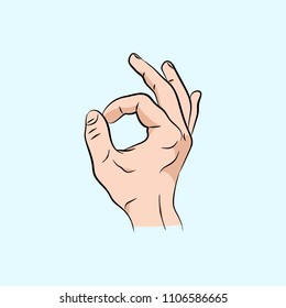 Hand OK sign. Communication gestures concept. Vector illustration isolated on blue background flat design.
