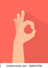 Hand OK sign. Communication gestures concept. Vector illustration with shadow isolated on colorful background flat design.