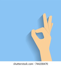 Hand OK sign. Illustration in flat style with long shadow