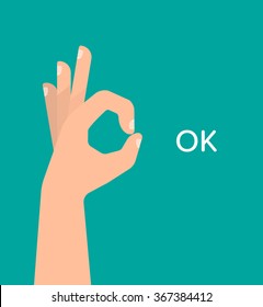 Hand OK sign with text. Communication gestures concept. Vector illustration isolated on colorful background flat design.