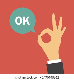 Hand OK Sign. Vector Illustration. Flat Design For Business Financial Marketing Banking Advertising Web Concept Cartoon Illustration.
