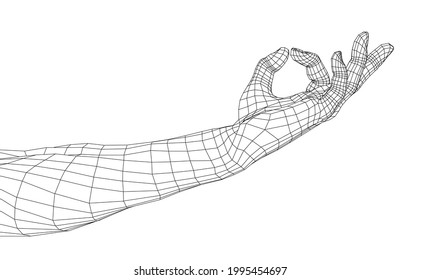 Hand OK sign. Vector rendering of 3d. Wire-frame style
