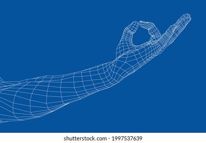 Hand OK sign. Vector rendering of 3d. Wire-frame style