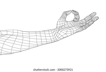 Hand OK sign. Vector rendering of 3d. Wire-frame style