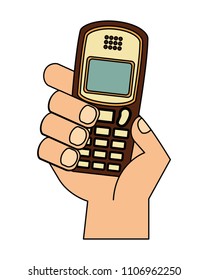 hand with old cellphone retro style