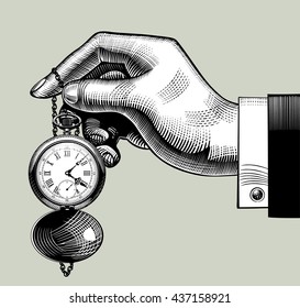 Hand With An Old Clock. Retro Pocket Watch. Vintage Engraving Stylized Drawing. Vector Illustration