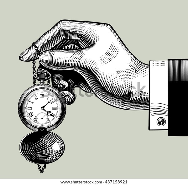 古い時計を持つ手 レトロな懐中時計 ビンテージ彫刻様式の図 ベクターイラスト のベクター画像素材 ロイヤリティフリー