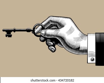 Hand with an old key. Retro style unlock sign and icon. Vintage engraving stylized drawing. Vector illustration