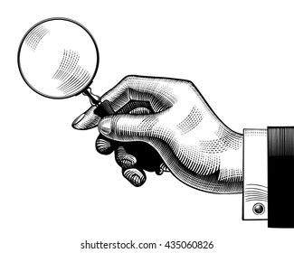 Hand with an old magnifying glass. Retro style search sign and icon. Vintage engraving stylized drawing. Vector illustration