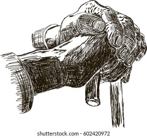 hand of a old man holding a cane. vector. sketch