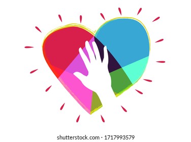 Hand on Abstract Colorful heart. Editable Clip Art.