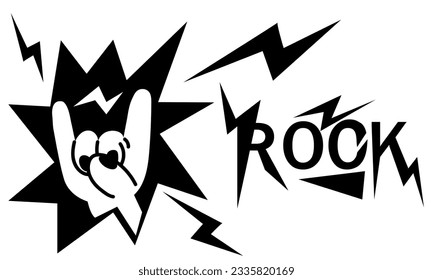 A hand on the background of an explosion with lightning. A musical sign of a rock festival, a two-handed gesture, an isolated cartoon illustration with an inscription. Insulated heavy metal lever