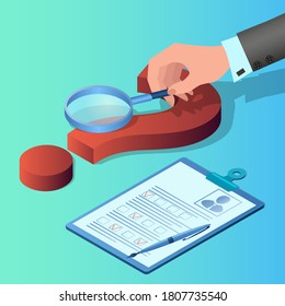 Hand on the background of a large question mark.Personnel selection.Concept of questions asked when applying for a job.Isometric vector illustration.