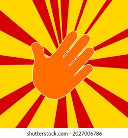Hand on a background of red flash explosion radial lines. The large orange symbol is located in the center of the sun, symbolizing the sunrise. Vector illustration on yellow background