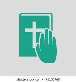 Hand on Bible icon. Gray background with green. Vector illustration.