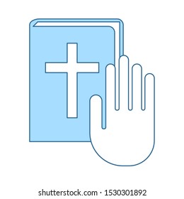 Hand On Bible Icon. Thin Line With Blue Fill Design. Vector Illustration.