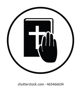 Hand on Bible icon. Thin circle design. Vector illustration.